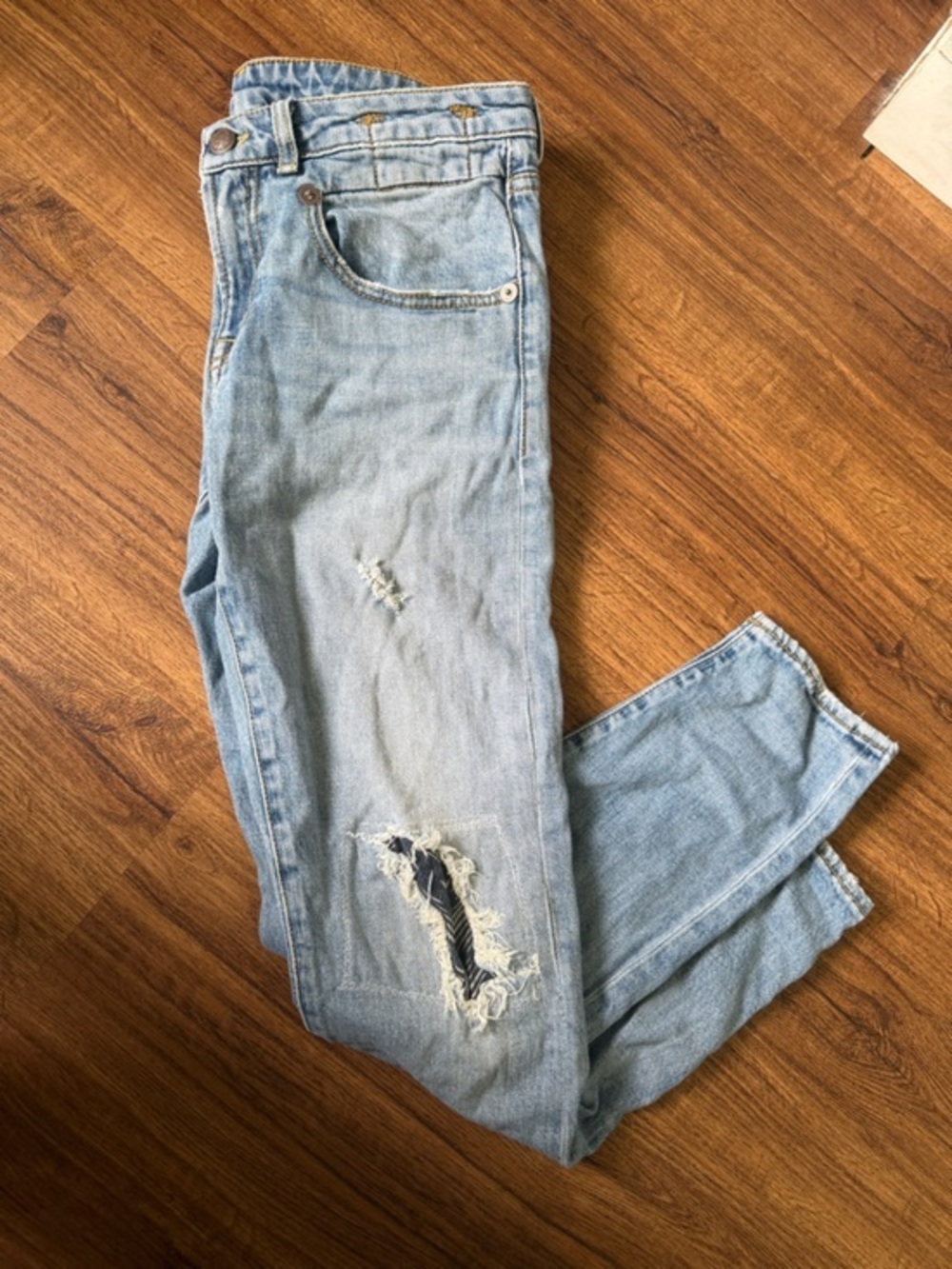 R13 Jeans Womens 26 Boy Skinny m Blue Distressed Stretch Low Rise Patch Work
